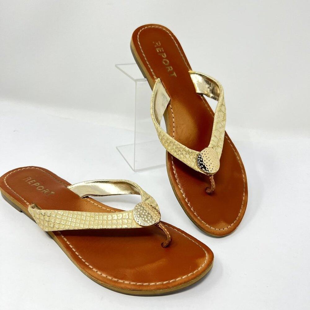Report Savina Gold Metallic Thong Sandals Womens 8 Flat Summer Flip Flops